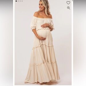 Cream, Maxi, Off the Shoulder Maternity Pink Blush Dress